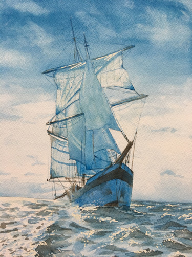 Painting titled "Goélette dans la ho…" by Ivonick, Original Artwork, Watercolor