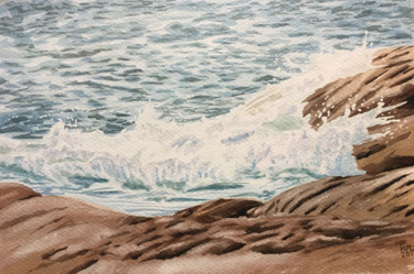 Painting titled "Vague sur les roche…" by Ivonick, Original Artwork, Watercolor