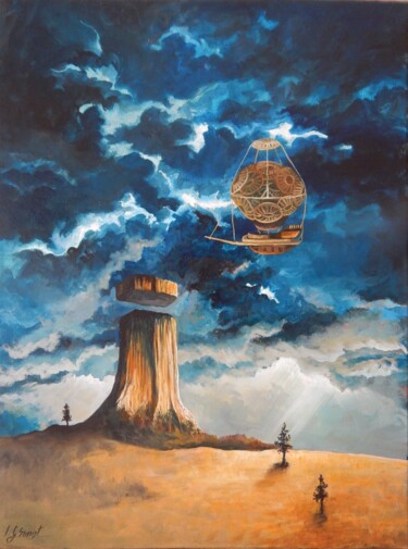 Painting titled "Wieża i statek" by Iwona Szmist, Original Artwork, Oil