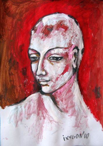 Картина под названием "Red Portrait" - Ixygon, Подлинное произведение искусства, Масло