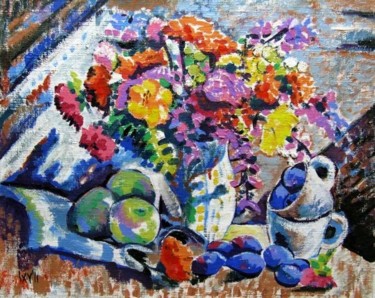 Картина под названием "Still Life with plum" - Ixygon, Подлинное произведение искусства, Масло