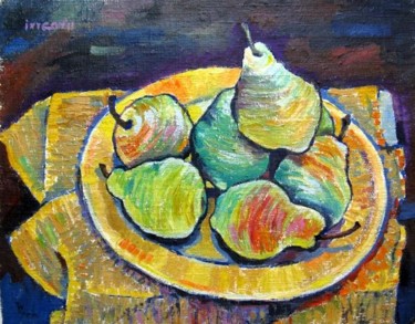 Картина под названием "Pears on Yellow Pla…" - Ixygon, Подлинное произведение искусства, Масло