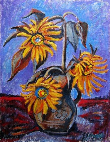 Картина под названием "Three sunflowers in…" - Ixygon, Подлинное произведение искусства, Масло