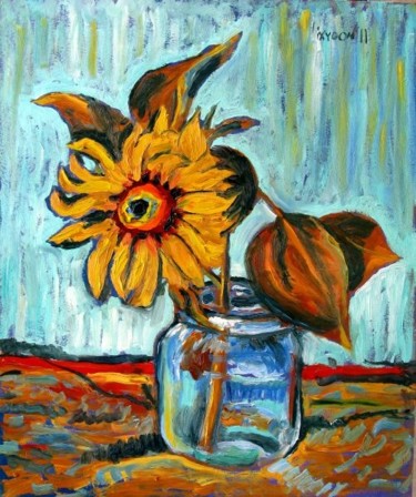 Картина под названием "Sunflower in a Glass" - Ixygon, Подлинное произведение искусства, Масло