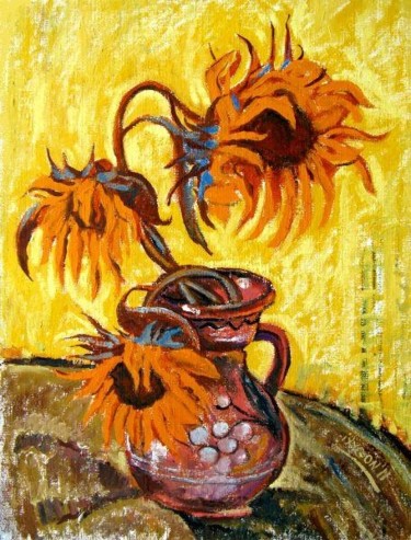 Картина под названием "Three sunflowers on…" - Ixygon, Подлинное произведение искусства, Масло