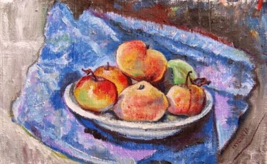 Картина под названием "Apples at white pla…" - Ixygon, Подлинное произведение искусства, Масло