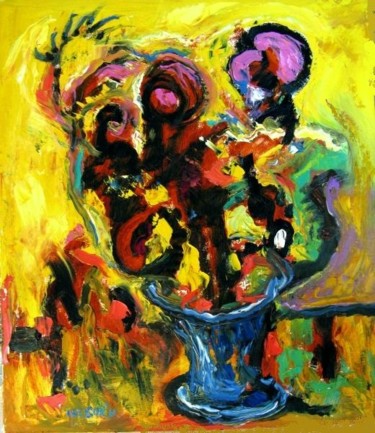 Картина под названием "Bouquet in blue vase" - Ixygon, Подлинное произведение искусства, Масло