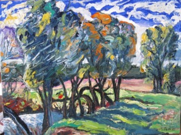 Картина под названием "Trees near river" - Ixygon, Подлинное произведение искусства, Масло