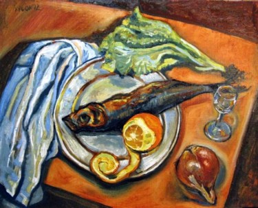 Картина под названием "Fish and Green Salad" - Ixygon, Подлинное произведение искусства, Масло