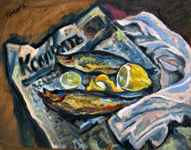 Pintura titulada "Two fish on newspap…" por Ixygon, Obra de arte original, Oleo
