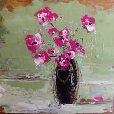 Schilderij getiteld "Mon amie la rose" door Iza, Origineel Kunstwerk, Acryl Gemonteerd op Frame voor houten brancard