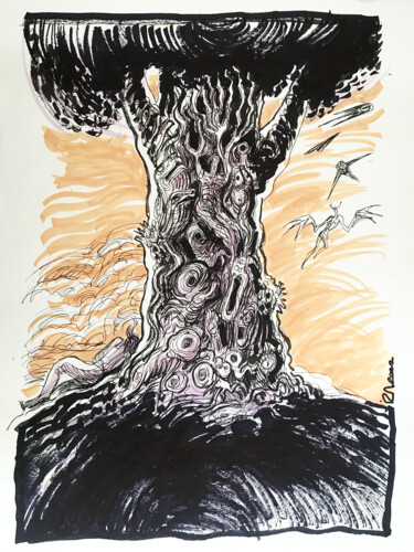 Drawing titled "Ginkgo, rêve noir" by Iza, Original Artwork, Ink