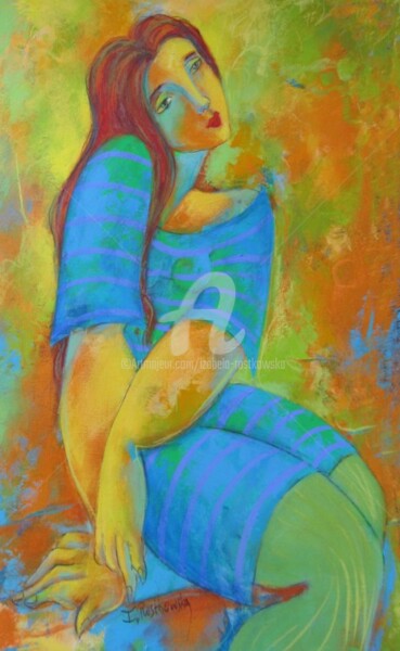 Painting titled "WOMAN BLUE AND GREEN" by Izabela Rostkowska, Original Artwork, Acrylic