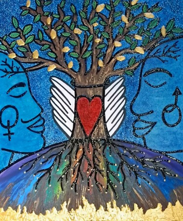 Картина под названием "L'arbre de vie" - Izabelle Lenoir, Подлинное произведение искусства, Акрил Установлен на Деревянная р…