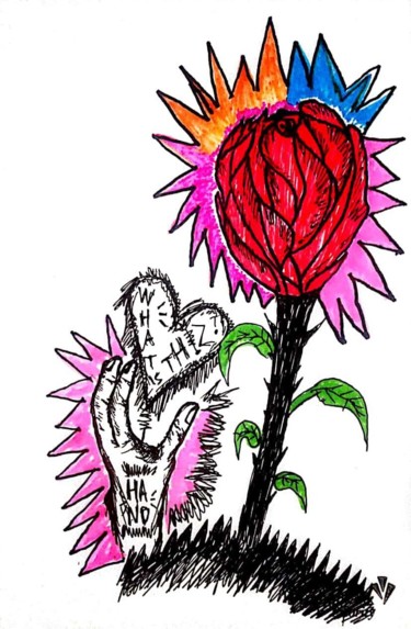 Malerei mit dem Titel "Hand n rose" von Izul Hawk, Original-Kunstwerk, Kugelschreiber