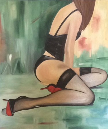 Painting titled "Femme en Louboutin" by Céline Aguilar, Original Artwork, Oil Mounted on Wood Stretcher frame