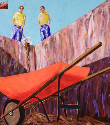 Schilderij getiteld "Wheelbarrow Burial" door Jack Albert Elliott, Origineel Kunstwerk, Acryl