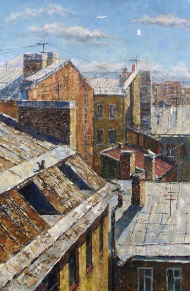 Pittura intitolato "Roofs of saint pete…" da Iuliia Muraveinikova, Opera d'arte originale, Olio