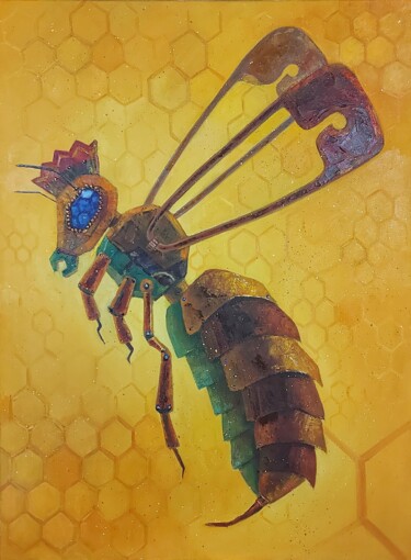Painting titled "Bee steampunk conte…" by Юлия Муравейникова, Original Artwork, Oil Mounted on Wood Stretcher frame