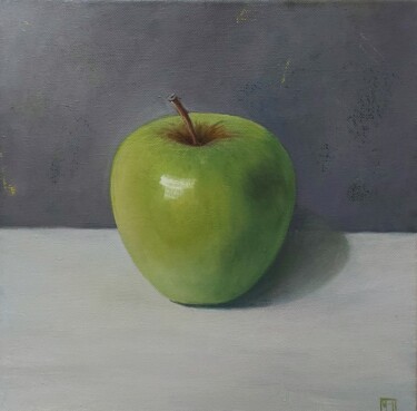 Painting titled "Green Apple still l…" by Iuliia Muraveinikova, Original Artwork, Oil Mounted on Wood Stretcher frame