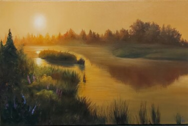 Painting titled "Landscape sunrise r…" by Iuliia Muraveinikova, Original Artwork, Oil Mounted on Wood Stretcher frame
