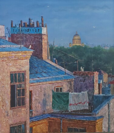 Painting titled "Landscape roofs oil…" by Iuliia Muraveinikova, Original Artwork, Oil Mounted on Wood Stretcher frame