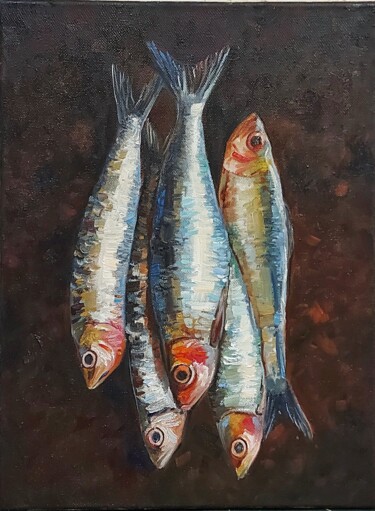 Painting titled "Oil painting fish a…" by Iuliia Muraveinikova, Original Artwork, Oil Mounted on Wood Stretcher frame