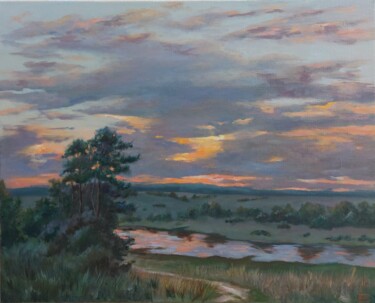 Painting titled "Oil painting sunset…" by Iuliia Muraveinikova, Original Artwork, Oil Mounted on Wood Stretcher frame