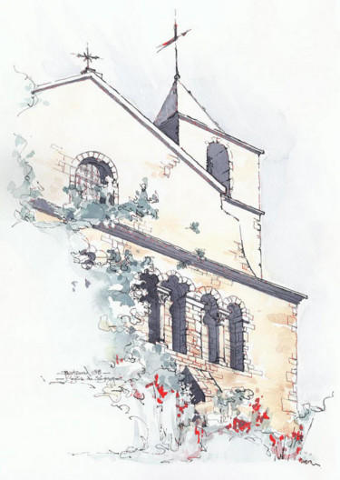 Peinture intitulée "Façade de l'église…" par Jean-François Bertrand, Œuvre d'art originale, Aquarelle