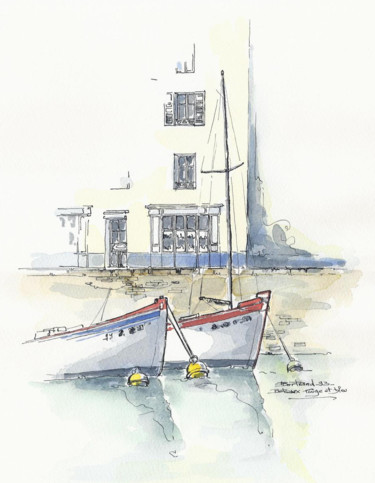 Painting titled "Bateaux rouge et bl…" by Jean-François Bertrand, Original Artwork, Watercolor