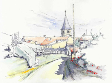 Painting titled "Champlecy - Le vill…" by Jean-François Bertrand, Original Artwork, Watercolor