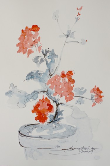 Painting titled "geraniums-grand-for…" by Jean-François Bertrand, Original Artwork, Watercolor