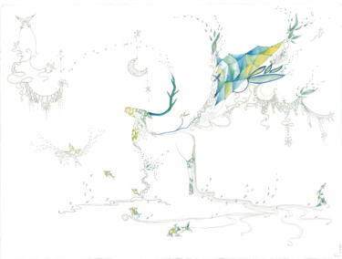 Dessin intitulée "Le cerf-volant" par J.L Glovensca, Œuvre d'art originale, Aquarelle