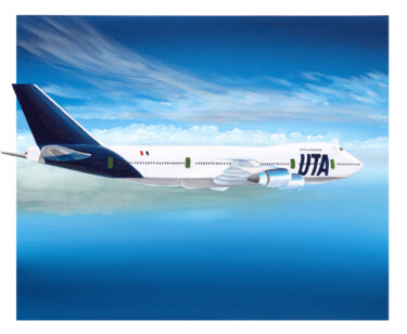Malerei mit dem Titel "Boeing 747 UTA" von J.Lemki, Original-Kunstwerk, Acryl