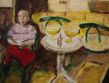 Painting titled "vrouw in café" by J.M. Mondria, Original Artwork, Acrylic