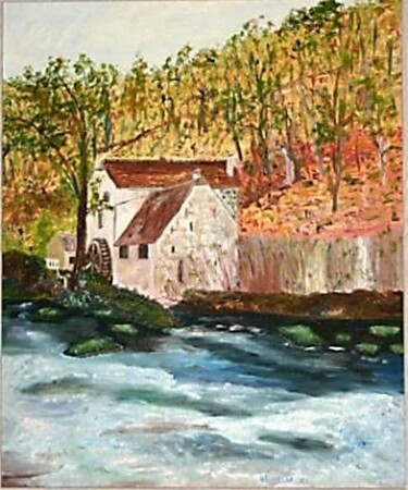 Painting titled "Moulin sur la Sédel…" by J-Ph Verselin, Original Artwork, Oil Mounted on Cardboard