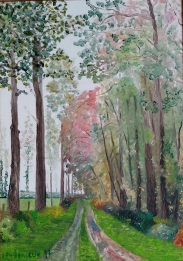 Painting titled "Le chemin aux champ…" by J-Ph Verselin, Original Artwork, Oil Mounted on Wood Stretcher frame