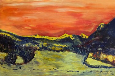 Painting titled "Le Puy Mary (vue du…" by J-Ph Verselin, Original Artwork, Oil Mounted on Wood Stretcher frame