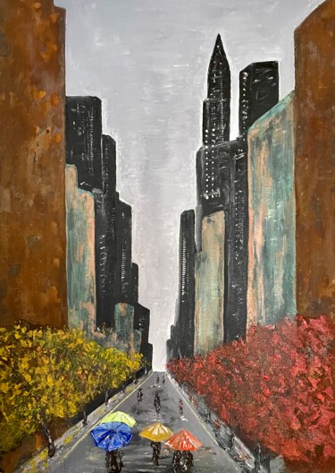 Painting titled "New-York sous la pl…" by J-Ph Verselin, Original Artwork, Oil Mounted on Wood Stretcher frame