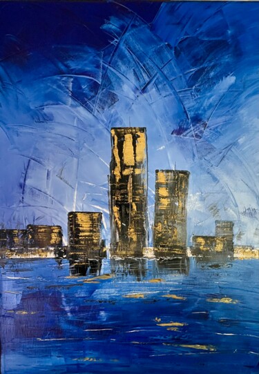 Painting titled "La ville en bleu" by J-Ph Verselin, Original Artwork, Oil Mounted on Wood Stretcher frame