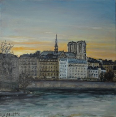 Painting titled "L’île de la cité à…" by Julien Salette, Original Artwork, Oil Mounted on Wood Stretcher frame