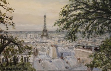 Painting titled "Vue de la butte Mon…" by Julien Salette, Original Artwork, Oil Mounted on Wood Stretcher frame