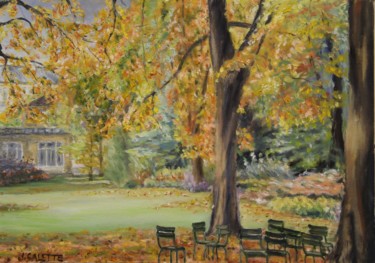 Картина под названием "Le chaises du jardi…" - Julien Salette, Подлинное произведение искусства, Масло Установлен на Деревян…