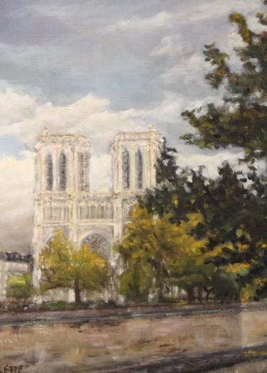 Painting titled "Notre Dame de Paris…" by Julien Salette, Original Artwork, Oil Mounted on Wood Stretcher frame