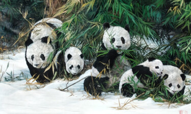 Peinture intitulée "Panda Family in Win…" par J. Woko, Œuvre d'art originale, Huile