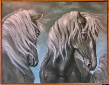Painting titled "Two Horses" by Jaap Hoogendijk, Original Artwork, Oil Mounted on Wood Stretcher frame