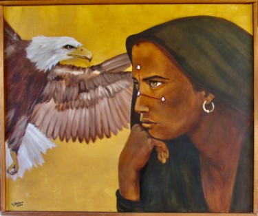 Painting titled "Eagle woman" by Jaap Hoogendijk, Original Artwork, Oil Mounted on Wood Stretcher frame
