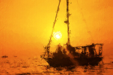 Digitale Kunst getiteld "Sailboat sunset" door Jacek Dudziński, Origineel Kunstwerk, Digitaal Schilderwerk