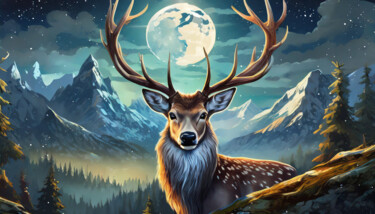 Digital Arts titled "Over the Moon Deer" by Jacek Dudziński, Original Artwork, Digital Painting