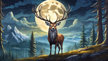 Digital Arts titled "My Deer Moon" by Jacek Dudziński, Original Artwork, Digital Painting